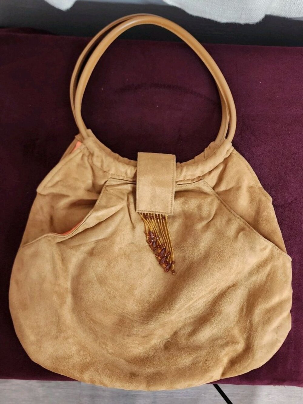 JLO by Jennifer Lopez Handbag Brown Faux Suede with a Beaded Tassel